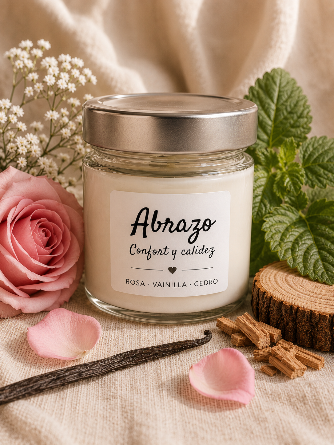Vela de soja Abrazo de Cuida de Ti, aroma de rosa y vainilla, 180 g