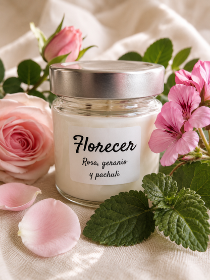 Vela de soja Florece de Cuida de Ti, aroma de rosa y geranio, 180 g