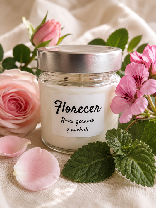 Vela de soja Florece de Cuida de Ti, aroma de rosa y geranio, 180 g